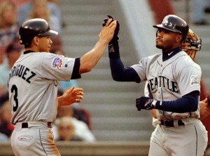 MARINERS GRIFFEY JR. IS CONGRATULATED BY ALEX RODRIGUEZ